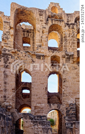 Perspective of Weathered Stone Tier Ruin Structure at Ancient El Jem Roman Amphitheatre Perspective of Weathered Stone Tier Ruin Structure at Ancient El Jem Roman Amphitheatre 143352784