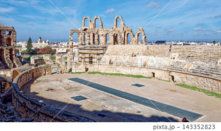 Landscape Perspective of El Jem Roman Amphitheatre Arena Floor with Towering Ruined Archways 143352823