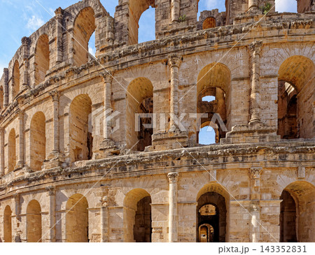 MultiTiered Arched Facade and Corinthian Pillars at El Jem Roman Amphitheatre MultiTiered Arched Facade and Corinthian Pillars at El Jem Roman Amphitheatre 143352831