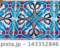Full Frame Texture Shot of Distressed Traditional Tunisian Ceramic Wall Tiles with Geometric Pattern 143352846