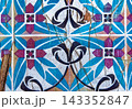 Full Frame Texture Shot of Distressed Traditional Tunisian Ceramic Wall Tiles with Geometric Pattern 143352847