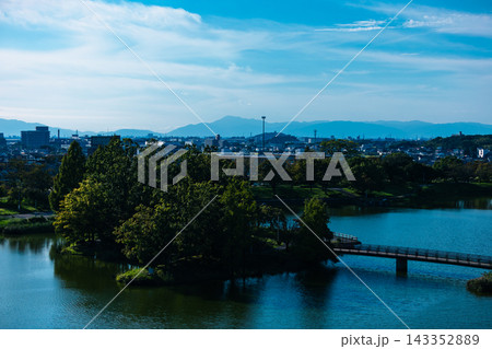 爽やかな青空と緑豊かな公園の水辺風景 143352889