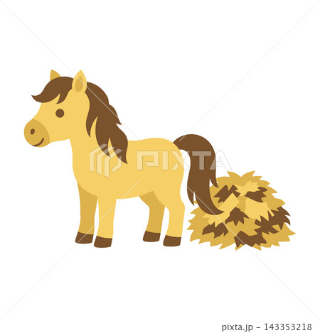 Yellow pony horse with brown mane and haystack 143353218