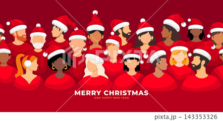 Christmas Greeting Card With People In Red Santa Hats 143353326