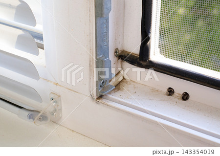 Dirty glass pane and frame of an office window during professional commercial cleaning. Dirty glass pane and frame of an office window during professional commercial cleaning. 143354019