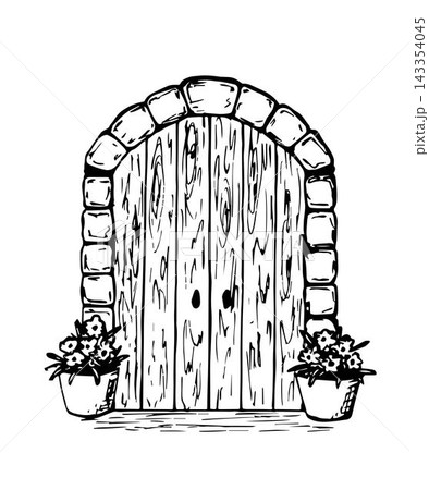 Hand-drawn vector drawing in engraving style. Antique wooden door, stone arch, doorway, flowers in pots at the entrance. Hand-drawn vector drawing in engraving style. Antique wooden door, stone arch, doorway, flowers in pots at the entrance. 143354045