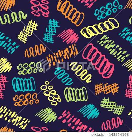 Bright abstract vector seamless doodle pattern. Yellow, pink, blue, green strokes, curves on a dark blue background. For prints of fabric, packaging, textile products. Bright abstract vector seamless doodle pattern. Yellow, pink, blue, green strokes, curves on a dark blue background. For prints of fabric, packaging, textile products. 143354198