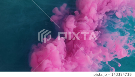 Smoke stream. Fume explosion. Pink puff wave spreading in art emulsion turquoise background. Colorful ink water blur abstract texture. Smoke stream. Fume explosion. Pink puff wave spreading in art emulsion turquoise background. Colorful ink water blur abstract texture. 143354739