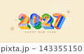 New Year 2027 card with geometric voluminous 3d numbers in bauhaus style, art design. Design for greeting card, invitations ,posters, flyers, web, calendar. Vector illustration 143355150