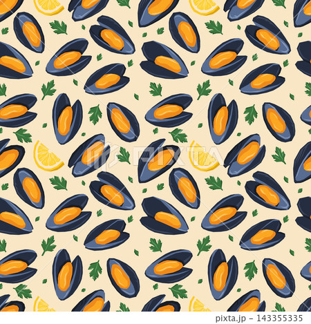 Seamless Mussel Seafood Pattern with Lemon and Fresh Parsley 143355335