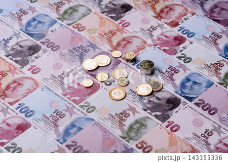 Turkey paper money, lira banknotes and coins as currency for exchange. Turkey money Turkey paper money, lira banknotes and coins as currency for exchange. Turkey money 143355336