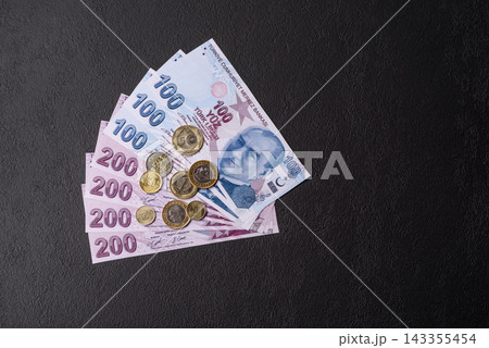 Turkey paper money, lira banknotes and coins as currency for exchange. Turkey money Turkey paper money, lira banknotes and coins as currency for exchange. Turkey money 143355454