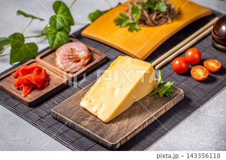 Diverse ingredients for cooking with cheese and shrimp 143356118