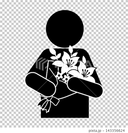 A pictogram of a person holding a bouquet of flowers; monochrome silhouette. A pictogram of a person holding a bouquet of flowers; monochrome silhouette. 143356624