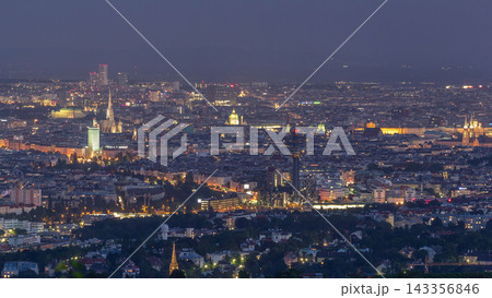 Skyline of Vienna from Danube Viewpoint Leopoldsberg aerial day to night timelapse. Skyline of Vienna from Danube Viewpoint Leopoldsberg aerial day to night timelapse. 143356846