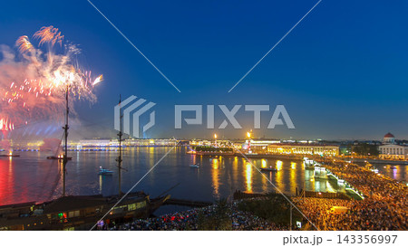 Fireworks timelapse over the city of St. Petersburg Russia on the feast of Scarlet Sails, view from rooftop. 143356997