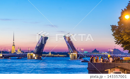 View of the open Palace Bridge timelapse, which spans - the spire of Peter and Paul Fortress 143357001