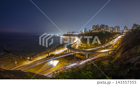 Aerial view of Lima's Coastline in the neighborhood of Miraflores day to night timelapse, Lima, Peru Aerial view of Lima's Coastline in the neighborhood of Miraflores day to night timelapse, Lima, Peru 143357355