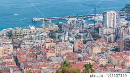 Cityscape timelapse of Monte Carlo, Monaco with roofs of buildings during summer sunset. Cityscape timelapse of Monte Carlo, Monaco with roofs of buildings during summer sunset. 143357389
