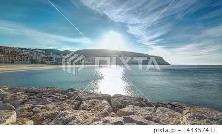 Sunrise at Small town of Sesimbra Portugal, panorama timelapse 143357411