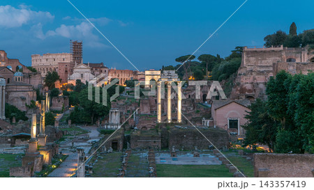 Ruins of Forum Romanum on Capitolium hill day to night timelapse in Rome, Italy Ruins of Forum Romanum on Capitolium hill day to night timelapse in Rome, Italy 143357419