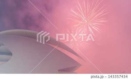 Aerial timelapse of the Palau de les Arts Reina Sofia in Valencia during a fireworks show. Spain Aerial timelapse of the Palau de les Arts Reina Sofia in Valencia during a fireworks show. Spain 143357434
