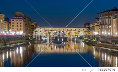 River Arno and famous bridge Ponte Vecchio day to night timelapse after sunset in Florence, Tuscany, Italy River Arno and famous bridge Ponte Vecchio day to night timelapse after sunset in Florence, Tuscany, Italy 143357519