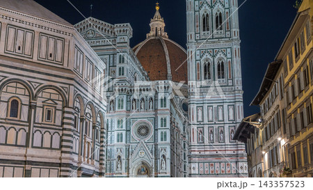 Facade and dome of The Basilica di Santa Maria del Fiore day to night timelapse which is the cathedral church Duomo of Florence in Italy Facade and dome of The Basilica di Santa Maria del Fiore day to night timelapse which is the cathedral church Duomo of Florence in Italy 143357523