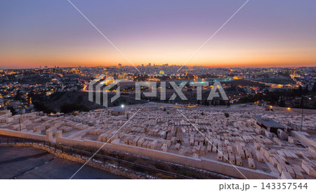 Jerusalem panorama view over the City day to night timelapse from the Mount of Olives. Jerusalem panorama view over the City day to night timelapse from the Mount of Olives. 143357544