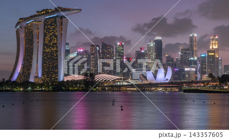Downtown skyline of Singapore as viewed from across the water from The Garden East day to night timelapse. Singapore. Downtown skyline of Singapore as viewed from across the water from The Garden East day to night timelapse. Singapore. 143357605