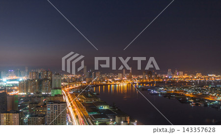 Cityscape of Ajman from rooftop day to night timelapse after sunset. Cityscape of Ajman from rooftop day to night timelapse after sunset. 143357628