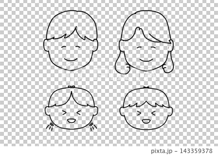 Hand-drawn family face illustration, 4-person family, coloring page, smiling faces. Hand-drawn family face illustration, 4-person family, coloring page, smiling faces. 143359378