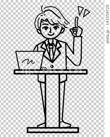 A man in a suit explaining something while operating a computer at a podium (monochrome, line drawing, vector material). A man in a suit explaining something while operating a computer at a podium (monochrome, line drawing, vector material). 143359720