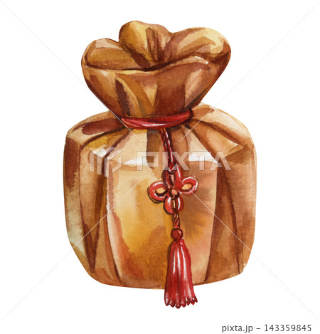 Traditional gold gift pouch with a red decorative knot and tassel in watercolor on a white background for festive greeting designs Traditional gold gift pouch with a red decorative knot and tassel in watercolor on a white background for festive greeting designs 143359845