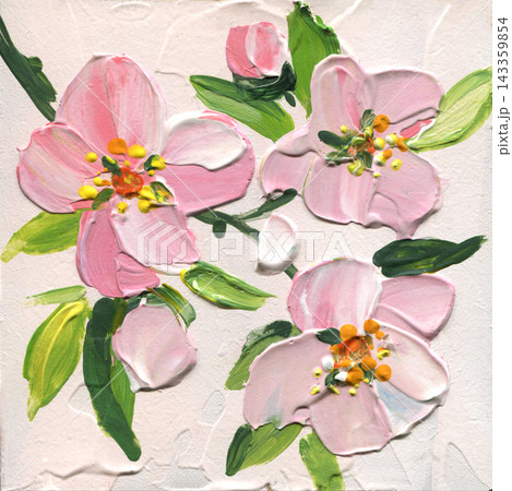 Pink blossom painting with green leaves and yellow stamens on cream background in thick impasto texture for spring botanical decor Pink blossom painting with green leaves and yellow stamens on cream background in thick impasto texture for spring botanical decor 143359854