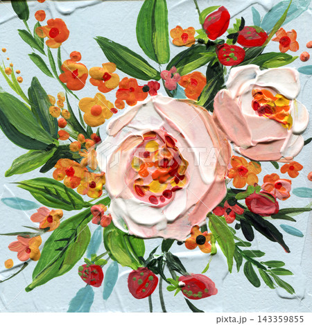 Pink roses and red berries with orange flowers and green leaves painted in rich impasto on a pale blue background for floral decor 143359855