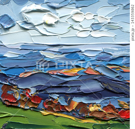 Abstract blue landscape painting with autumn foliage and green foreground beneath cloudy skies in thick impasto for rural wall art 143359862