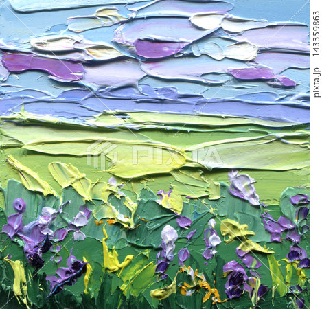 Wildflower meadow painting with purple flowers and green fields under blue skies in thick impasto texture for spring landscape art 143359863