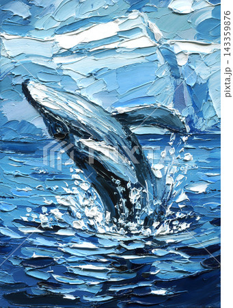 Breaching whale in blue ocean with white splashes and cloudy sky in textured impasto painting for nautical wall art and home decor Breaching whale in blue ocean with white splashes and cloudy sky in textured impasto painting for nautical wall art and home decor 143359876