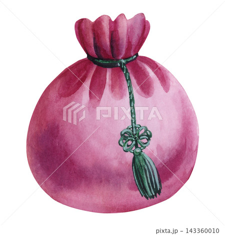 Korean Traditional Pouch Watercolor with Pink Fabric Green Tassel Decorative Knot Chuseok Gift Bag Isolated on White Background 143360010