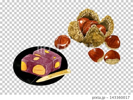 Chestnut Yokan (sweet bean jelly), Steamed Chestnut Yokan, and Chestnut Set - Hand-drawn watercolor illustration material Chestnut Yokan (sweet bean jelly), Steamed Chestnut Yokan, and Chestnut Set - Hand-drawn watercolor illustration material 143360017