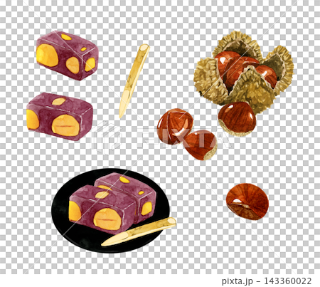 Chestnut Yokan (sweet bean jelly), Steamed Chestnut Yokan, and Chestnut Set - Hand-drawn watercolor illustration material Chestnut Yokan (sweet bean jelly), Steamed Chestnut Yokan, and Chestnut Set - Hand-drawn watercolor illustration material 143360022
