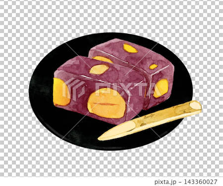Hand-drawn watercolor illustration of chestnut yokan (sweet bean jelly) and steamed chestnut yokan on a plate. Hand-drawn watercolor illustration of chestnut yokan (sweet bean jelly) and steamed chestnut yokan on a plate. 143360027