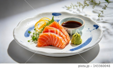 Salmon Sashimi with sauce on the table 143360048