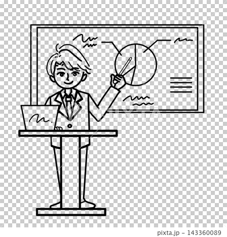 A man in a suit giving a presentation at a podium, pointing to a screen and a pie chart with a pointer (monochrome, line drawing, vector material). A man in a suit giving a presentation at a podium, pointing to a screen and a pie chart with a pointer (monochrome, line drawing, vector material). 143360089