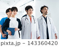 明るい病院で前を見つめて並び立つ医師と看護師の医療チーム 143360420