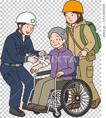 避難所で高齢者を救護する防災スタッフと介助者 143360609