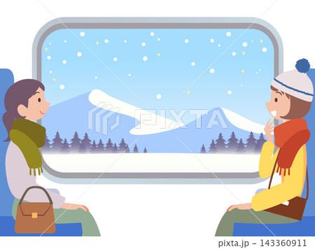 冬の車窓を見ながら女子旅を楽しむ女性 143360911