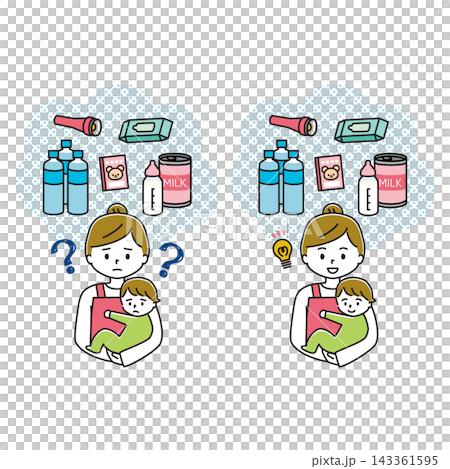A set of illustrations depicting a mother holding her baby, struggling to choose emergency supplies, and then another mother having a sudden realization. A set of illustrations depicting a mother holding her baby, struggling to choose emergency supplies, and then another mother having a sudden realization. 143361595
