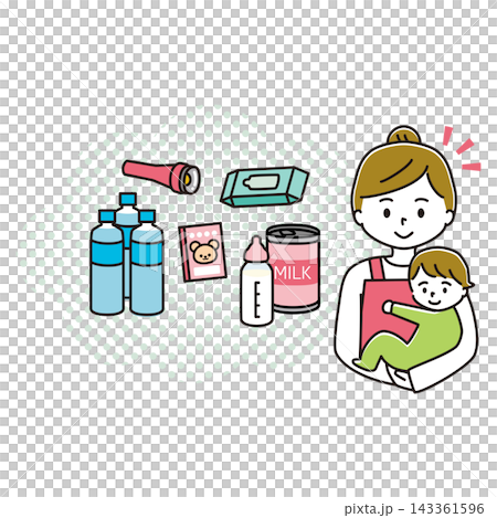 赤ちゃんを抱っこして、防災グッズを考えるお母さん 赤ちゃんを抱っこして、防災グッズを考えるお母さん 143361596